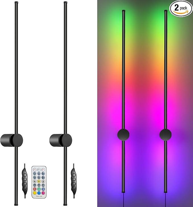 RGB LED Wall Sconces Set of Two with Remote, 15 Color Modes, Dimming, DIY 180° Rotate, Black Plug in Wall Sconces with Warm Light, Dynamic Multicolor Ambience Lights, Plug in Wall Light, 39.4 Inches
