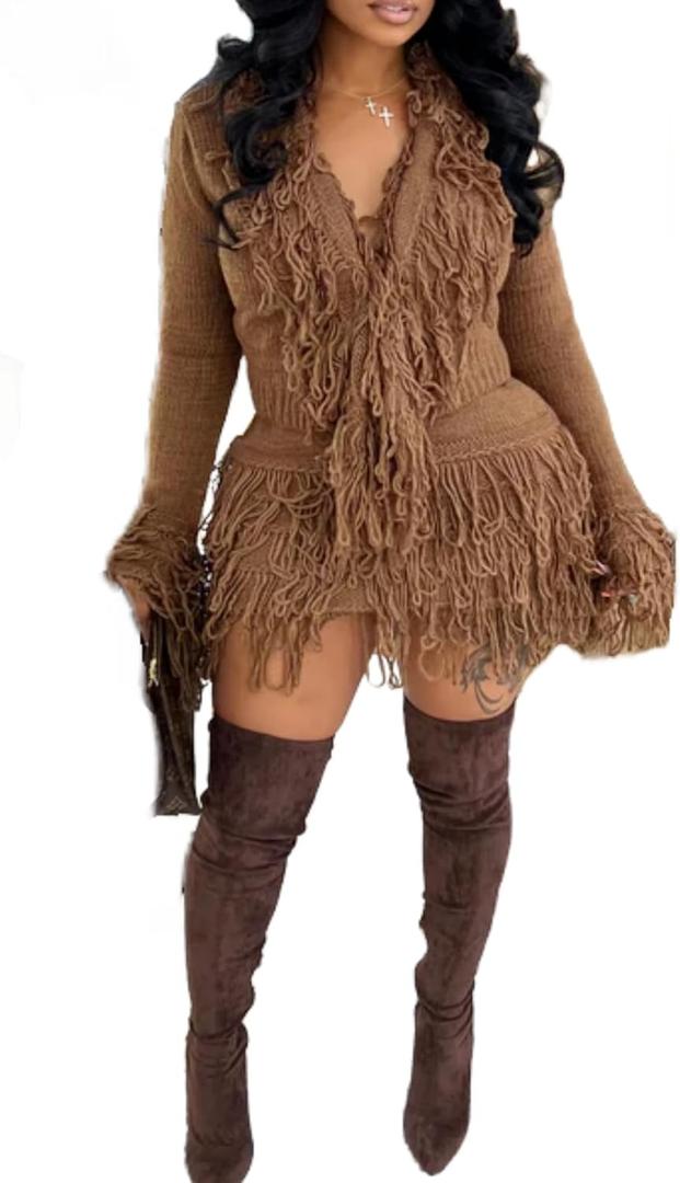 Vaceky Fringe Cardigan Skirt Set Women Lightweight Sweater Jacket Bodycon Mini Skirts (X-Large, Coffee)