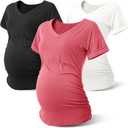 Rnxrbb Long Enough Maternity Shirts Short Sleeve Summer Pregnancy Tops& Tees Clothes V Neck Casual Outfits for Women 3 Pack Medium