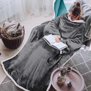 Tirrinia Sherpa Wearable Blanket With Sleeves, Full Body Throw Reading Wrap TV Blankets (Grey)
