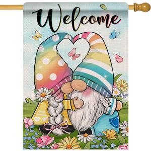 Artofy Welcome Spring Summer Rainbow Gnome Large Decorative House Flag, Daisy Flower Butterfly Yard Garden Outside Decor, Seasonal Burlap Outdoor Home Decoration Double Sided 28 x 40