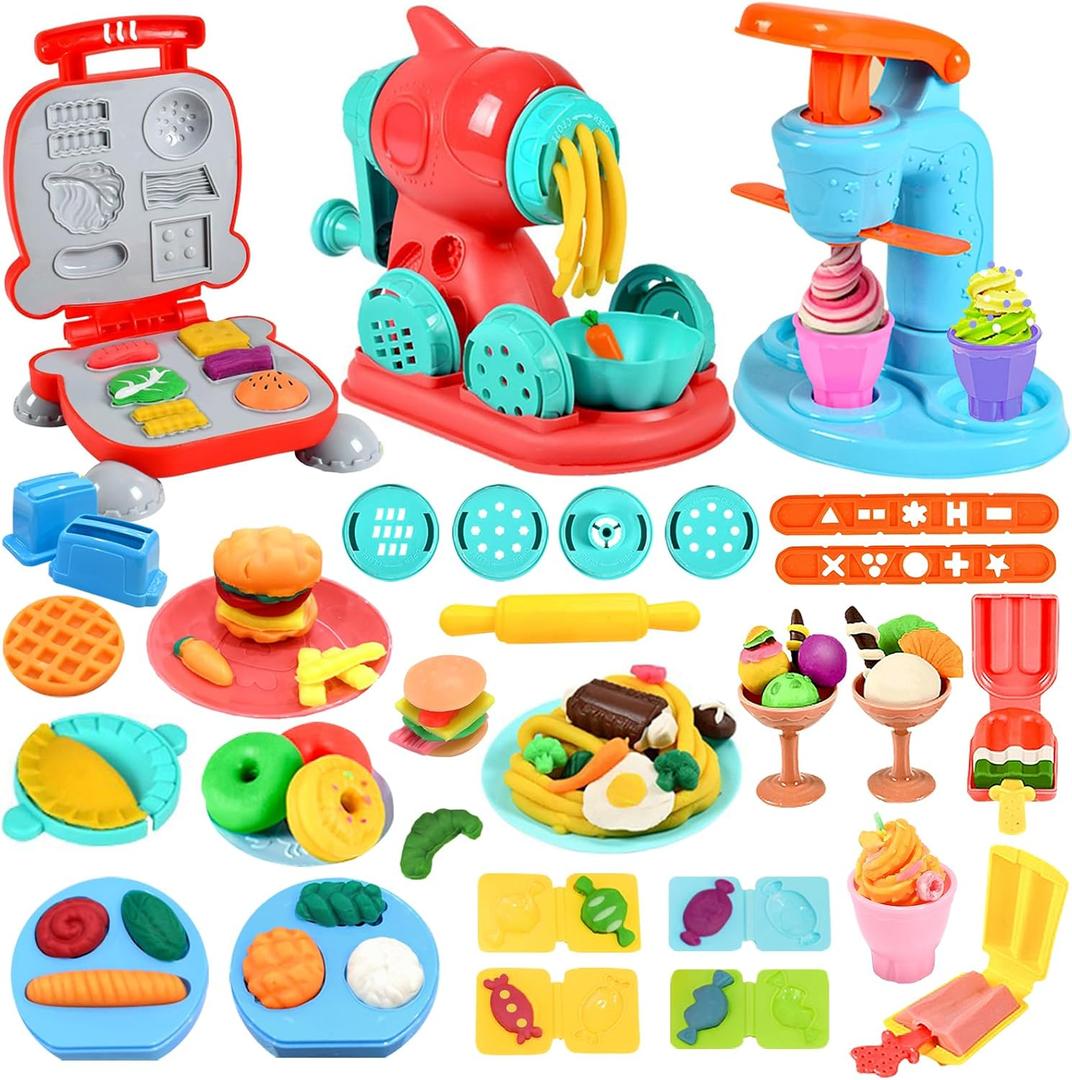 Crelloci 3 in 1 Color Dough Kitchen Creations Set, Ice Cream Spaghetti Burger Maker Machine, Art Crafts Food Modeling Toys, Accessories Tools Kit for Boys Girls Kids Toddlers Ages 3+ (12 Colors Dough)