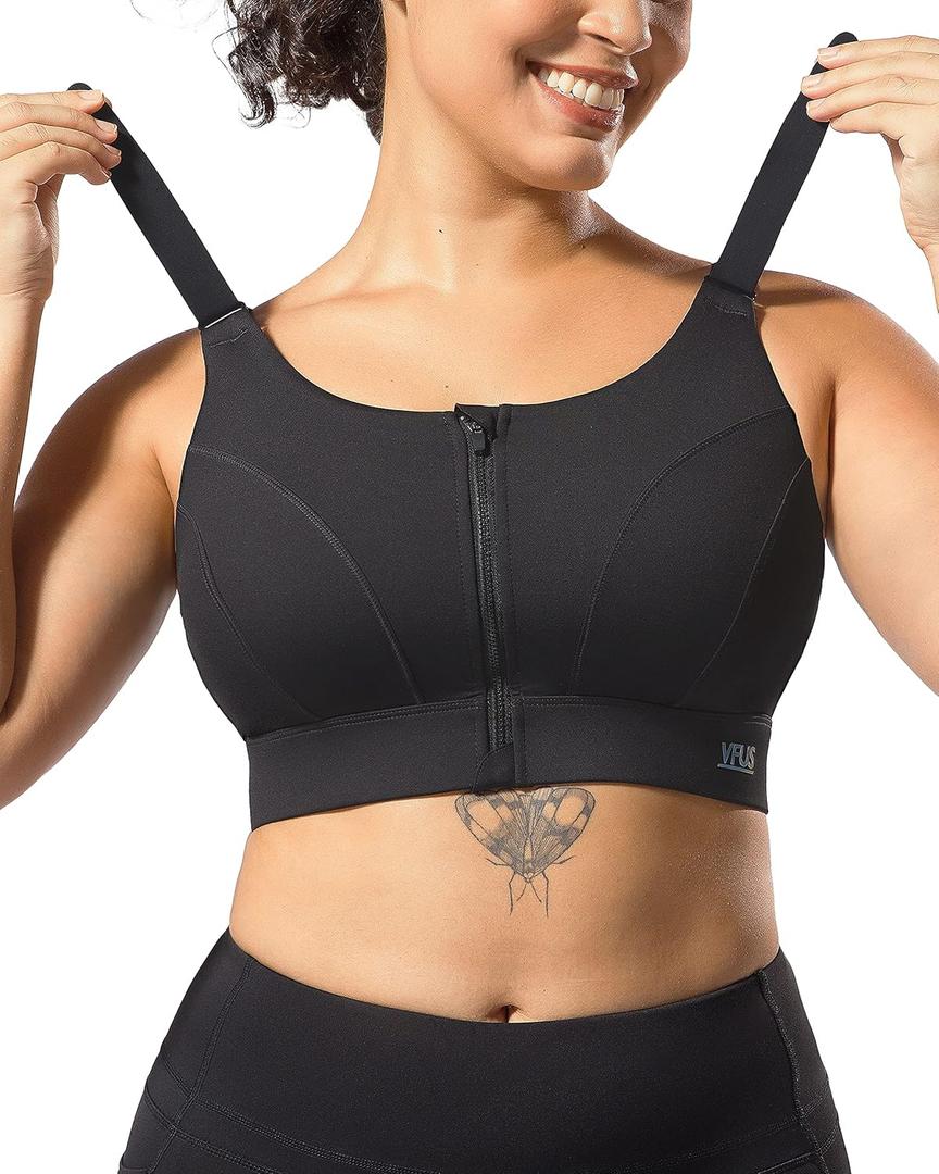 Adjustable High Impact Sports Bras for Women Zip Front Full Coverage and Lift Padded Compression Tops (XX-Large, Black)