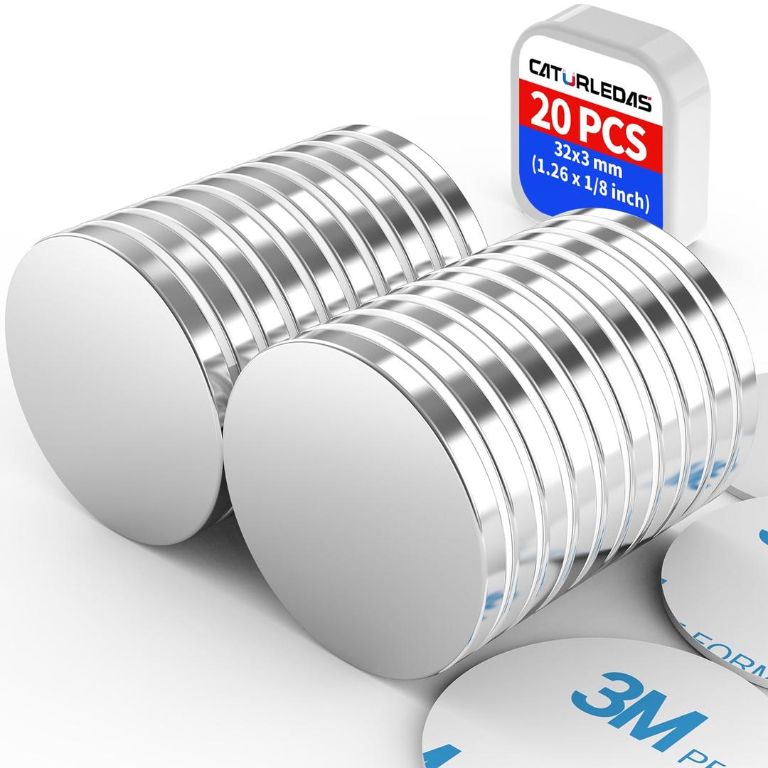 20 Pack 32x3 mm Strong Rare Earth Neodymium Magnets, Heavy Duty Large Round Magnet with Double-Sided Adhesive Backing for Crafts Fridge Garage Kitchen Office School, 1.26 x 1/8 inch