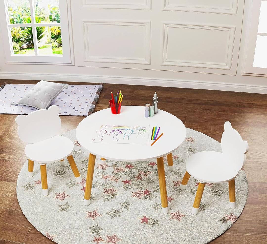 UTEX Kids Wood Table and Chair Set, Kids Play Table with 2 Chairs,3 Pieces Wood Round Table for Toddlers, Girls, Boys,White