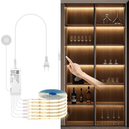 tlinkosta Cabinet Light COB LED Strip Lights 6-in-1 Dimmable Touch Control for Display Cabinets, Wardrobes, Kitchen, Wine Cabinets, Showcase & Shelf Lighting (Warm Light, 3.3ft)