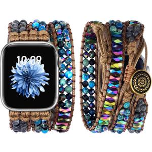 JR.DM Boho Beaded Watch Band Women Compatible with Apple Watch Band 38mm 40mm 41mm 42mm (S10) Emperor Stones Blue Bracelet Adjustable Handmade Braided Strap for iWatch Series 10/9/8/7/6/5/4/3/2/1/SE