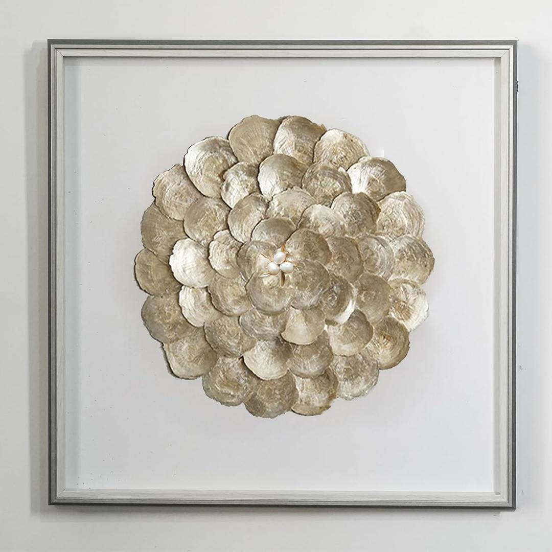 Flower shaped natural shell framed shadow box wall art Modern coastal indoor wall dcor handcraft for home decoration 24"x24"/gold (large)