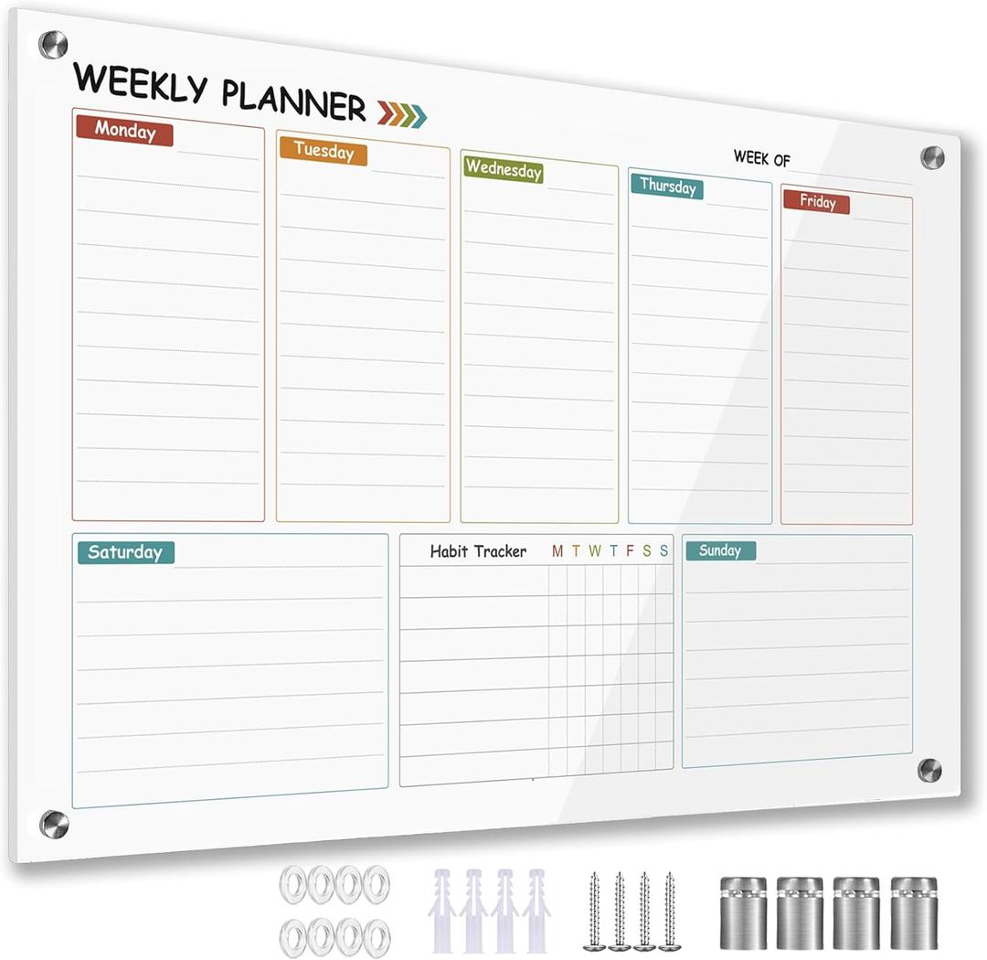 Glass Colorful Weekly Dry Erase Calendar Whiteboard for Wall,24"x 36",Frameless Mounting,Office/School/Home, Frameless Large Planner White Board