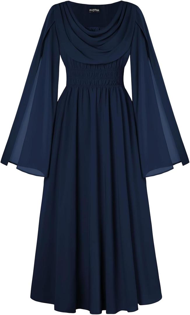 Scarlet Darkness Women Renaissance Dress Split Bell Sleeve Cowl Neck Peasant Medieval Dress (X-Large)