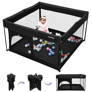 ANGELBLISS 50x50 Foldable Baby Playpen with Carrying Bag & Safety Lock - ASTM F406 Certified Baby Fence for Indoor/Outdoor, Lightweight Portable Play Yard with Breathable Mesh (Black)
