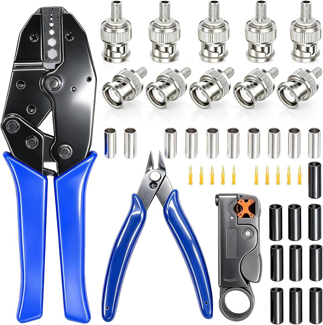 Taiss Coaxial Cable Tool Kit BNC Crimp tool with 10PCS BNC Male Crimp Connector,Coaxial Cable Stripper Cutter,Wire Cable Cutter and Heat Shrink Tube for RG58/RG59/RG62/RG174