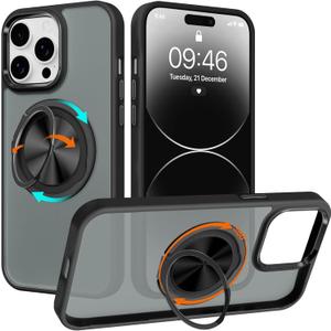 ZIYE Black Case for iPhone 14 Pro Case with Stand [Compatible with MagSafe] Slim Heavy Duty Protection Military Grade Shockproof Magnetic Cover with 360 Rotatable Ring Kickstand for Women Men