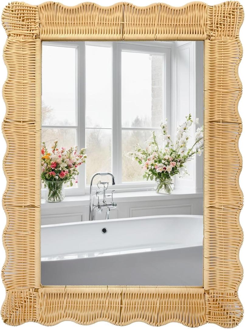 FUIN 22x30 Inch Handcrafted Wicker-Style Wave Frame Bathroom Wall Mirror & Entryway Mirror  Perfect for Bohemian Living Room, Bathroom, and Entryway Decor