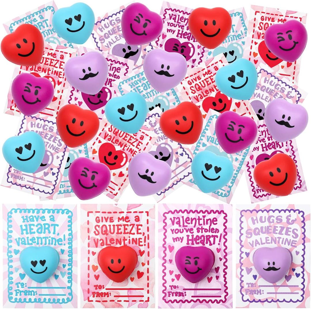 28-Pack Heart-Shaped Stress Relief Balls with Cards - Kids' Valentine Party Favors, Gifts, School Supplies