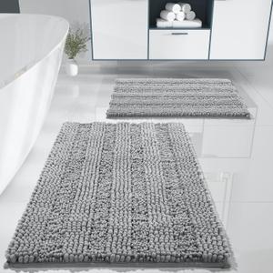 Bathroom Rug Set 2 Piece, Soft Absorbent Chenille Bath Mat Set, Non Slip Machine Washable Quick Dry, Plush Shower Rugs for Bathroom Floor Sink Tub and Shower Outside, 32"x20"+24"x17", Gray
