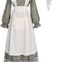 FCCAM Prairie Dress Women Floral Colonial Costume Women with Pioneer Apron 1800s American Historical Dress (Small, Green)