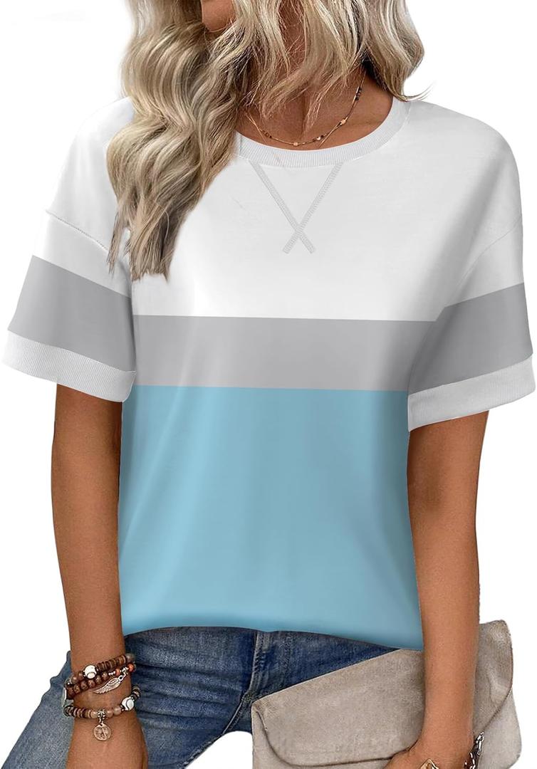 Zeagoo Womens Summer Tops Oversized Crewneck Short Sleeve T Shirts Casual Loose Fit Blouse Y2K 2025 Striped Basic Tee (Medium, White Gray Blue)
