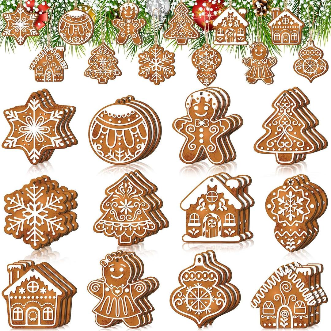 Quzzil 36 Pcs Christmas Gingerbread Ornaments for Tree Mini Snowflake Wooden Hanging Winter Xmas Ornaments with Ropes for Christmas Party Holiday Winter Crafts(Brown, Gingerbread)