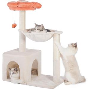 Flower Cat Tree 34" Scratching Post Small Cat Tower for Large Cats,Featuring with 15.7Large Hammock, Removable Top Bed and Wide Condo for Indoor Cats, Beige