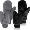 SATINIOR Faux Fur Mittens Fingerless Gloves Convertible Gloves Fluffy Winter Warm Soft Half Finger Fuzzy for Women (Black,Dark Gray)