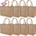8 Pack Jute Tote Bags with Handles, 15.4''x12.2''x5.9'' Waterproof Gym Shopping Travel Gift Bag, Large Natural Blank Burlap Tote for Grocery Shopping, DIY, Weddings, Travel, Beach, Party
