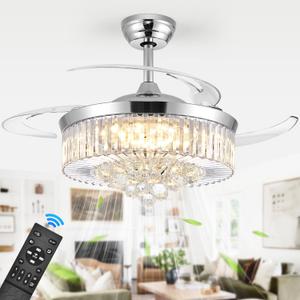 48'' Modern Chandelier Ceiling Fan with Timer, Silent Motor Fandelier Crystal Ceiling Fan with Light and Remote Control, Retractable Blade Fandeliers for Bedroom, 6 Speeds, 3 Colors, Silver