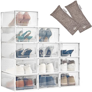 HomeBuddy Shoe Organizer for Closet - 12 Pack Shoe Boxes Clear Plastic Stackable Bins, Clear Shoe Boxes Stackable with Lids, Sneakers Storage Case, Zapateras Organizer for Shoes, Closet Shoe Organizer, Regular 13.1 x 9 x 5.5 inch boxes