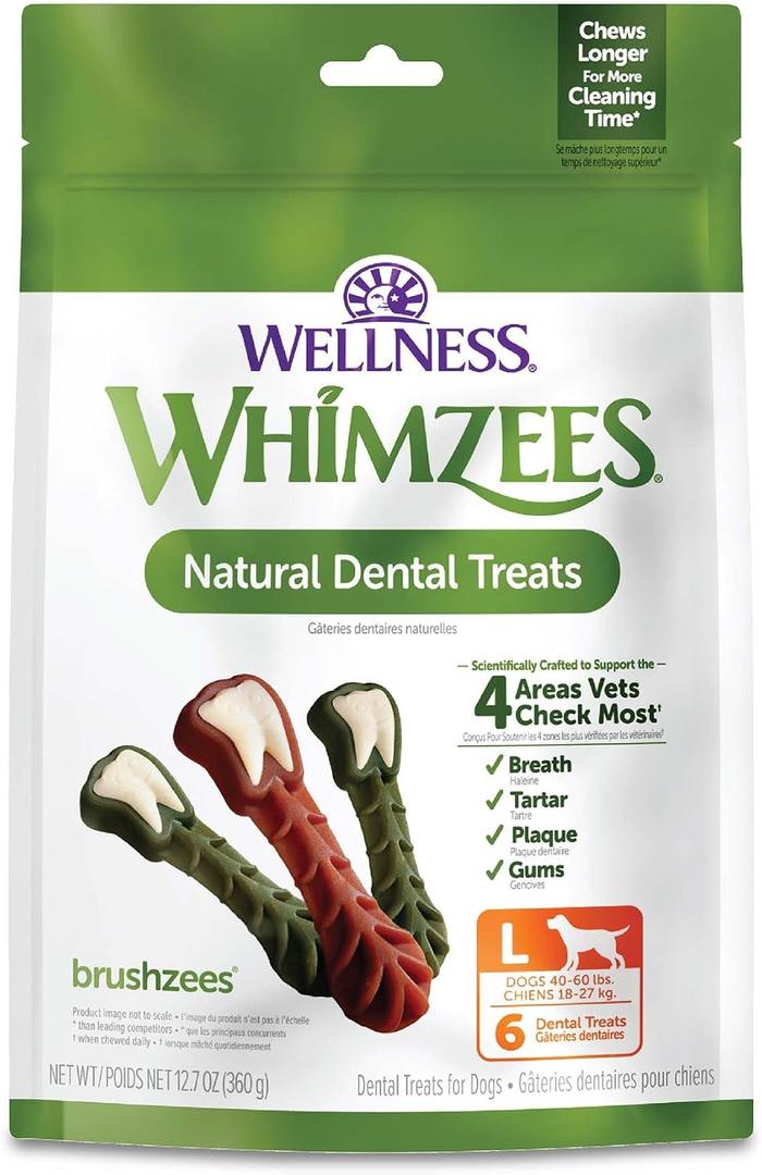 Whimzees Wellness Brushzees Natural Dog Dental Treat, VOHC Accepted Chews, Freshens Breath, Large Size, 12.7 oz Bag, 6 Count (EXP 05/15/26)