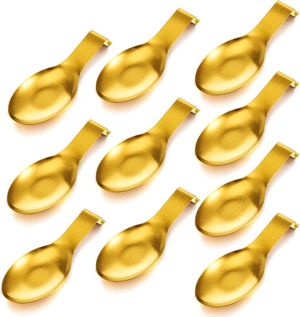 10 Pcs Gold Stainless Steel Spoon Rest, Spatula Ladle Holder Utensil Spoon Rest for Stove Top/Countertop Heavy Duty Ladle Holder for Kitchen Cooking Utensils, Dishwasher Safe, 3.8'' x 9.8''