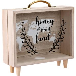 Vesici Travel Fund Box Vacation Decorative Savings Box Suitcase Wooden Money Coin Bank for Adults Vacation Wedding, 8 x 7.3 x 2.8 Inch(Honeymoon Fund)