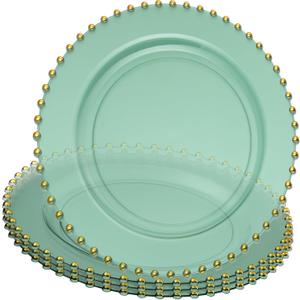 PLASTICPRO Translucent Green with Gold Rim Plastic Charger Plates with Beaded Edge  Pack of 8  13" Elegant Round Disposable Chargers for Weddings, Events, Parties, and Dinners