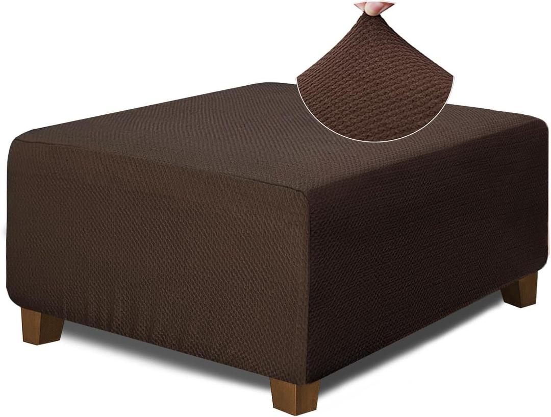 NeColorLife Square Ottoman Cover Jacquard Fabric Thick Stretchable Slipcover for Oversized Square Ottoman Furniture Protector,X-Large,Brown