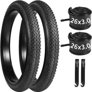 2 PCS 26 x 3.0 Fat Bike Tire Set, Folding 26 Inch Bike Tires 26x3.0 Bike Tubes with Levers for Fat Tire Mountain Bike, Ebike Use, Urban Streets, Beach Riding