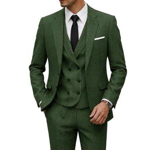 Ciwolce Men's Suits Tweed Green 3 Piece Wool Suit Slim Fit Tuxedo Jacket and Dress Pants Tie Set for Wedding Business Daily, 2XL