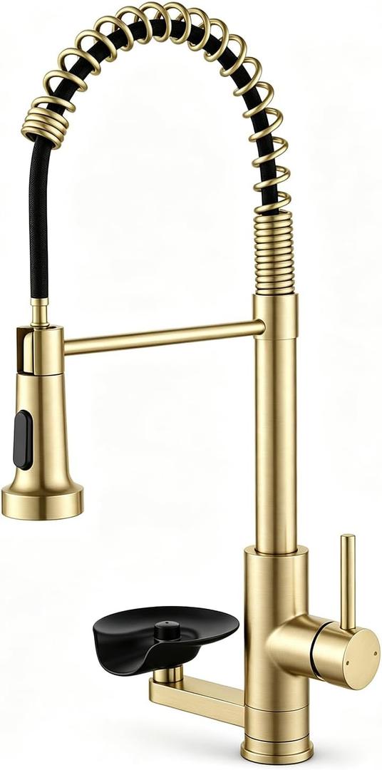 Pull Down Kitchen Faucet with Cup Washer Brushed Gold Kitchen Sink Faucet with Deck Plate,Glass Rinser,Single Handle,Single Hole,Lead-Free Stainless Steel (with Cup Washer)