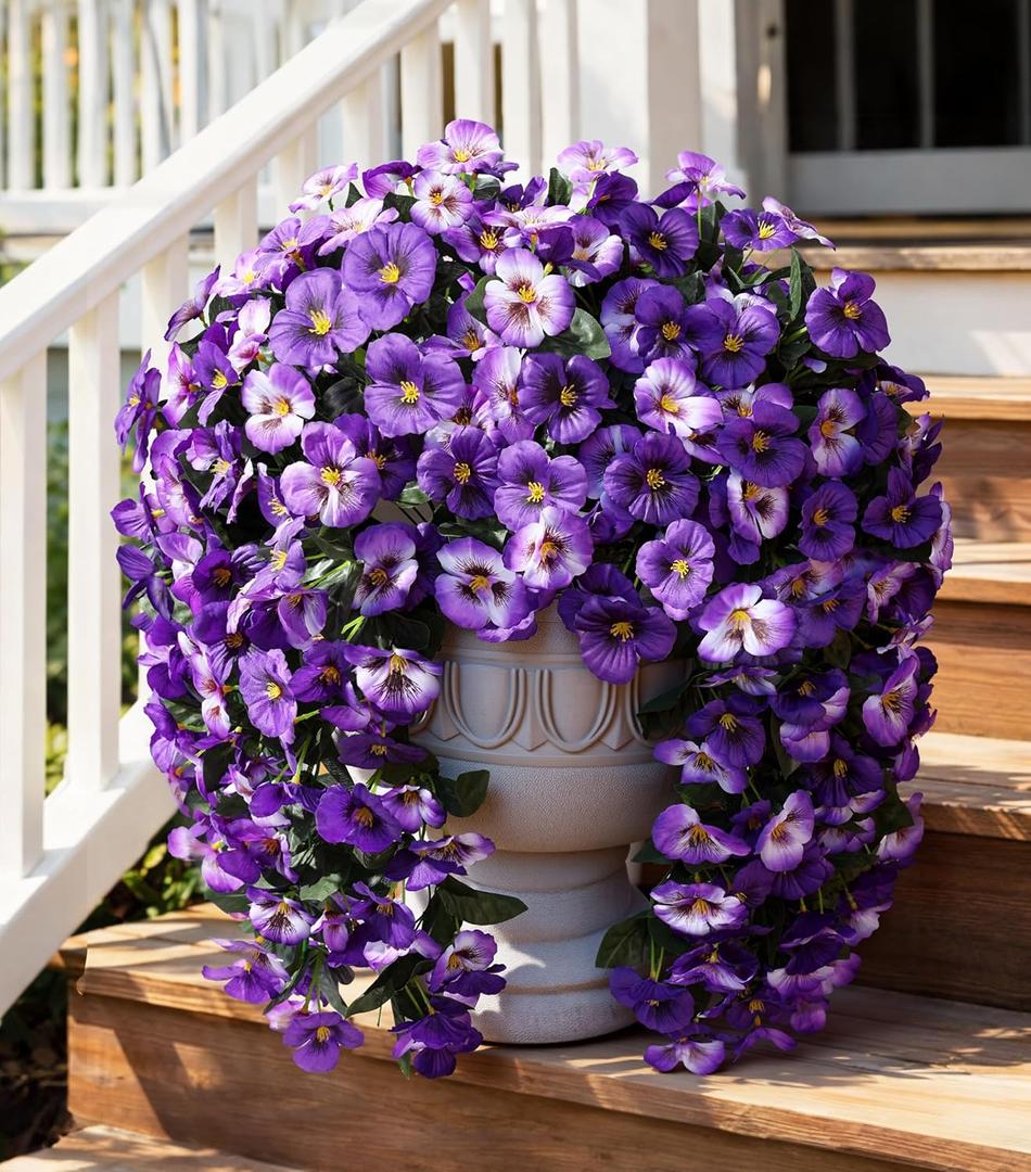 HyeFlora Artificial Flowers for Outdoors, 2pcs Faux Silk Pansies Flowers UV Resistant Fake Hanging Flower Plants for Outside Planters Porch Yard Patio Window Box (Mix Purple)