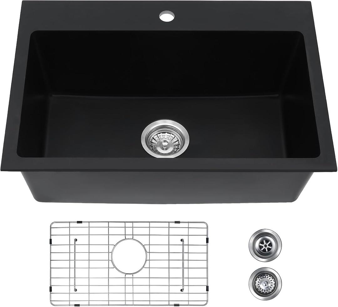 Davivy 27 inch Black Granite Kitchen Sink, 27 x19 Black Quartz Dual Mount Kitchen Sink, Undermount & Drop In Installation, Single Bowl Design, 26.7 x 18.9