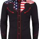 DIFICIL SLOG Mens American Flag Embroidered Snap Button Down Shirts Western Cowboy Patriotic Regular Fit Long Sleeve Shirt (X-Large, Black)