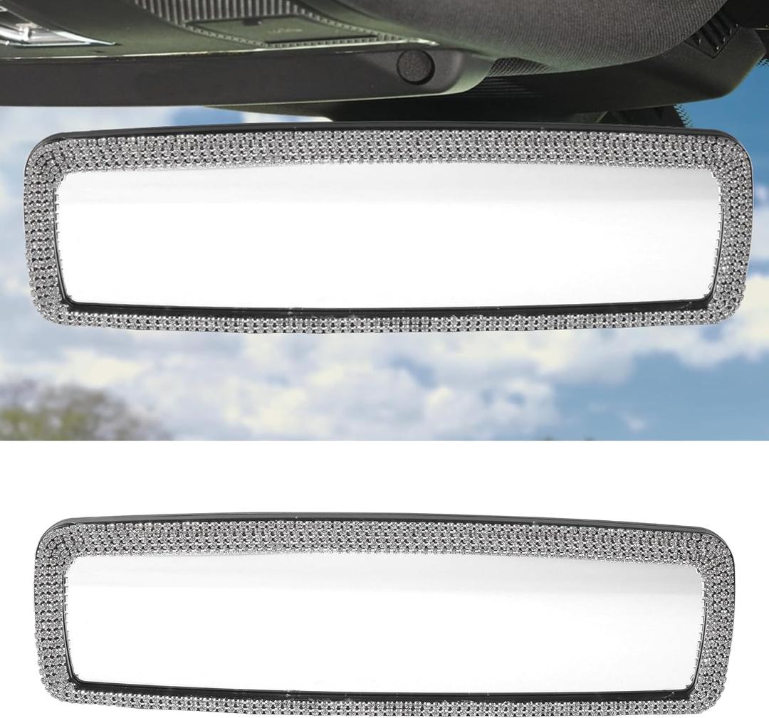  SCUARI Bling Rear View Mirror,Car Accessories Rhinestone Crystal Clip-On Auto Mirrors, Bling Car Accessories for Women,Automobile Mirror with High Definition Glass, Suitable for Most Cars,SUVs, (Silver)