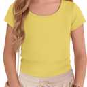 Oakgarden Girl's T-Shirts Summer Tops Teen Cap Sleeve Shirts Kids Scoop Neck Fitted Cute Casual Basic Tees (9-10 Years, Yellow)