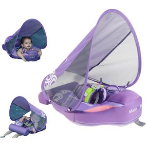 Mambobaby Float Baby Float with Canopy & Tail Non-Inflatable Infant Pool Floats Adjustable Safety Strap Toddler Swim Trainer (Purple), Large For 3-24 months babies