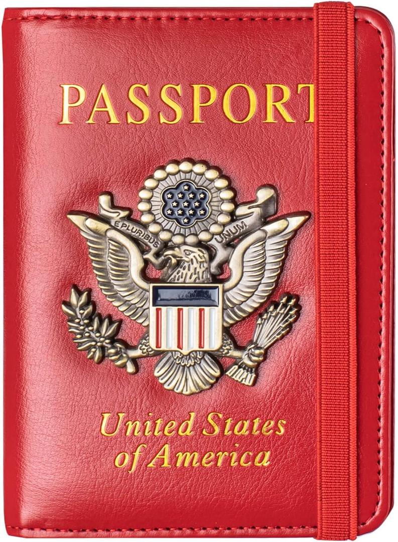 Passport Holder Cover and Card Case Slot Combo RFID Blocking Leather Travel Passport Wallet for Men and Women US Passport Protector Document Organizer,Bright Red