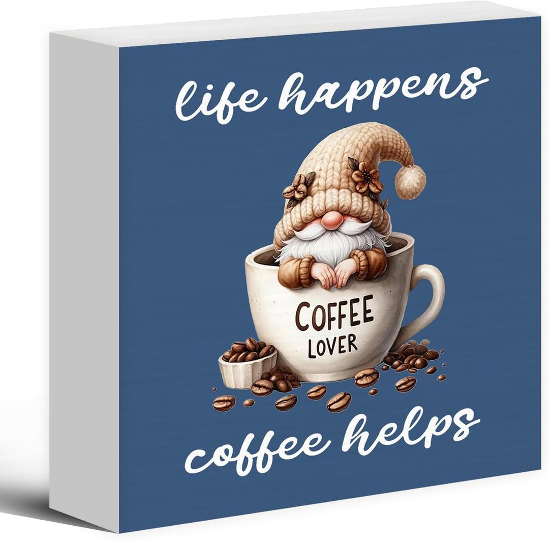 Rustic Coffee Gnomes Blue Wood Box Sign Desk Decor, Drink Lovers Gift Life Happens Coffee Helps Funny Gnome Wooden Block Sign Decorations for Caf Bar Station Wall Tabletop Shelf Decors (Color05)