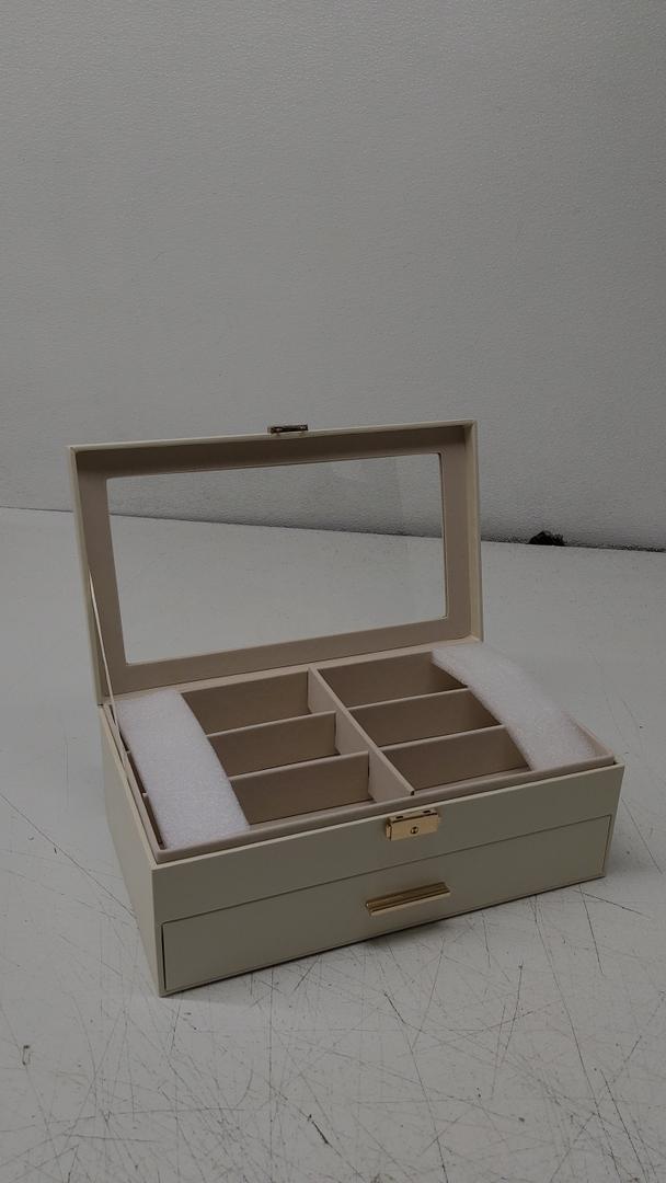 Jewelry Box Organizer for Women Girls, 2 Layer PU Leather Jewelry Storage Case with Glass Lid & 1 Drawer, Large Jewellery Display Holder for Necklaces Rings Earrings Bracelets, Apricot