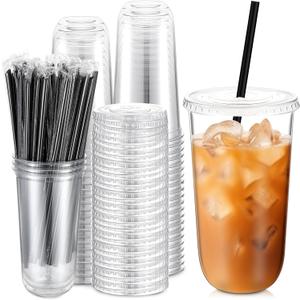 Ziliny 100 Set Clear Plastic Cups with Lids and Straws, Disposable Iced Coffee PET Cups for Drinking Cold Beverage Juice Parfait Smoothie Milkshake Coffee Shops Party Supplies (20 oz)