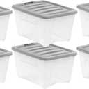 Amazon Basics Plastic Storage Containers with Secure Latching Lids, Stackable Organization Bins, Clear/Grey, 32 Quart, Set of 6