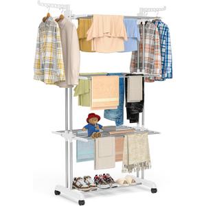 Bigzzia 4 Tier Folding Drying Rack Clothing Clothes Horses Rack Stainless Steel Laundry Drying Rack (Grey White, 4 Tier)