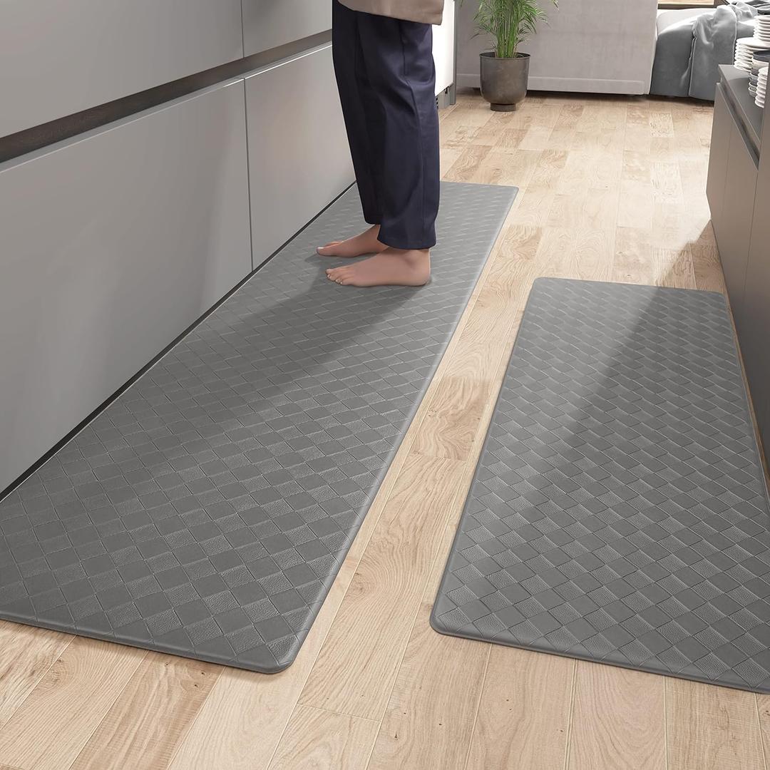 Color&Geometry Anti Fatigue Cushioned Checkered Designed Kitchen Mats Set, Easy Clean, Waterproof & Oil Proof Kitchen Floor Mat, Anti Slip Runner for Front Sink Comfort Standing,17x47+17x95,Grey