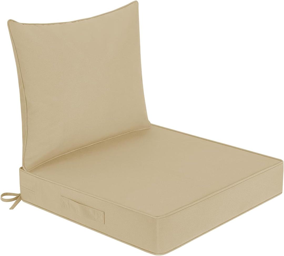 downluxe Outdoor Chair Cushions 24x24 with Removable Cover, Waterproof Patio Furniture Cushions, Deep Seat Cushions for Outdoor Furniture with Backrest for Sofa, Couch and Patio Chairs, Khaki